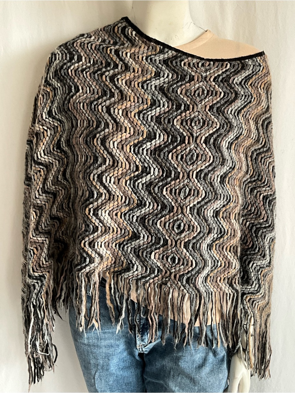 Missoni Italy Mohair Blend Zigzag Fringe Poncho Cape Shawl One Size